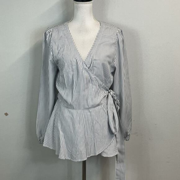 Ann Taylor Loft Blouse size Medium Blue White Striped Wrap Ruffles Bow Career - Picture 2 of 8